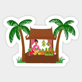 Asian street food vendor selling tropical fruit. Graphic illustration. Sticker